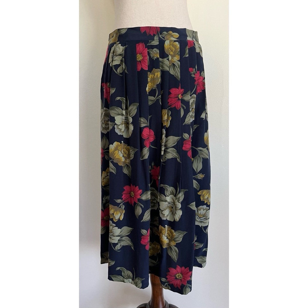 Vintage 90s Alfred Dunner Dark Floral Midi Skirt 100% Silk A Line Sz XL Navy